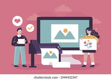 Typography workflow. Polygraphy printing. Equipment printers, inks, palette. Prepress. Printing publishing document. Print shop services, printing process. Press production. Vector illustration.