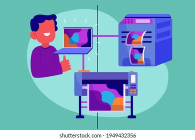 Flujo de trabajo de tipografía. Impresión de polígrafía. Impresoras de equipos, tintas, paleta. Presionar. Imprimir documento de publicación. Servicios de tienda de impresión, proceso de impresión. Producción de prensa. Ilustración vectorial.