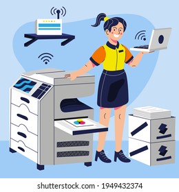 Typography workflow. Polygraphy printing. Equipment printers, inks, palette. Prepress. Printing publishing document. Print shop services, printing process. Press production. Vector illustration.