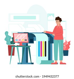 Typography workflow. Polygraphy printing. Equipment printers, inks, palette. Prepress. Printing publishing document. Print shop services, printing process. Press production. Vector illustration.