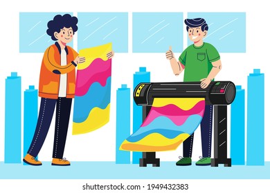 Typography workflow. Polygraphy printing. Equipment printers, inks, palette. Prepress. Printing publishing document. Print shop services, printing process. Press production. Vector illustration.