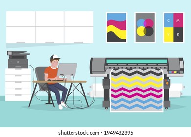 Flujo de trabajo de tipografía. Impresión de polígrafía. Impresoras de equipos, tintas, paleta. Presionar. Imprimir documento de publicación. Servicios de tienda de impresión, proceso de impresión. Producción de prensa. Ilustración vectorial.