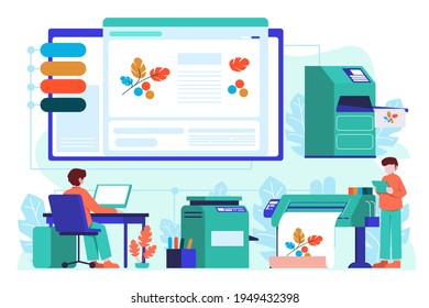 Typography workflow. Polygraphy printing. Equipment printers, inks, palette. Prepress. Printing publishing document. Print shop services, printing process. Press production. Vector illustration.