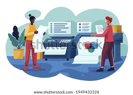 Typography workflow. Polygraphy printing. Equipment printers, inks, palette. Prepress. Printing publishing document. Print shop services, printing process. Press production. Vector illustration.