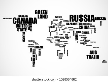 Typography World Map With Country Names. Vector