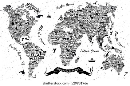 Typography World Map. Travel  Poster with cities and sightseeing attractions. Inspirational Vector Illustration.