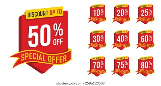 The typography-based design emphasizes bold, eye-catching text, making it ideal for sales, special offers, and marketing campaigns. The shield-like badge shape with a ribbon banner adds a modern look.