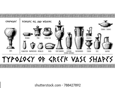 Typology of Greek vase shapes. Perfume, oil, wedding vessels and cookware. Illustration in vintage engraving style.