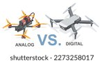 Typy of drone Analog vs Digital FPV Drone Racing freestyle Drone Pro sport flight hobby isometric isolated illustration on white 