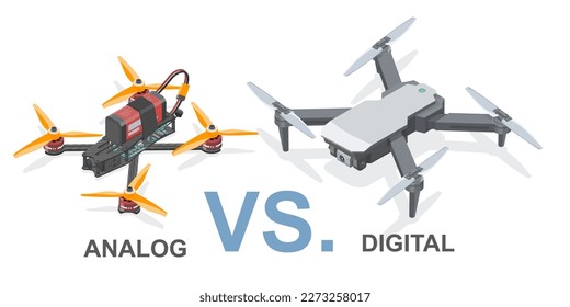 Typy of drone Analog vs Digital FPV Drone Racing freestyle Drone Pro sport flight hobby isometric isolated illustration on white 