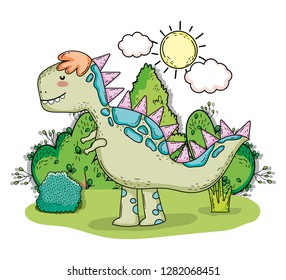 tyrannosarus prehistoric dino animal with sun and clouds