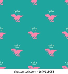 Tyrannosaur with crown. King or queen pink seamless pattern. Green dino with golden crown above. Doodle vector illustration on blue background. Cute dinosaur design for cool girl t-shirt. 