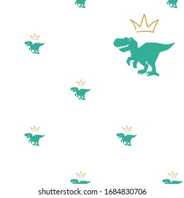 Tyrannosaur with crown. King or queen seamless pattern. Green dino with golden crown above. Doodle vector illustration on white background. Cute dinosaur design for cool girl t-shirt. 