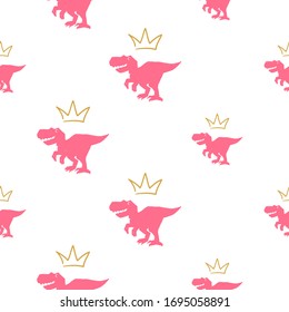 Tyrannosaur with crown. King or queen seamless pattern. Pink dino with golden crown above. Doodle vector illustration on white background. Cute dinosaur design for cool girl t-shirt. 