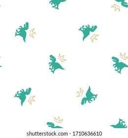 Tyrannosaur with crown. King or queen seamless pattern. Green dino with golden crown above. Doodle vector illustration on white background. Cute dinosaur design for cool girl t-shirt. 