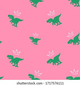 Tyrannosaur with crown. King or queen seamless pattern. Green dino with golden crown above. Doodle vector illustration on pink background. Cute dinosaur design for cool girl t-shirt. 