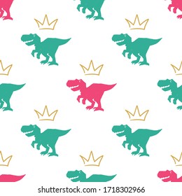 Tyrannosaur with crown. King or queen seamless pattern. Green dino with golden crown above. Doodle vector illustration on white background. Cute dinosaur design for cool girl t-shirt. 