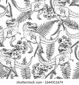 Tyrannosaur dinosaur hand drawn. Black and white seamless pattern. Background design. Tropical pattern. Vector illustration. Carnivorous dinosaur.