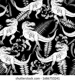 Tyrannosaur dinosaur hand drawn. Black and white seamless pattern. Background design. Tropical pattern. Vector illustration. Carnivorous dinosaur.