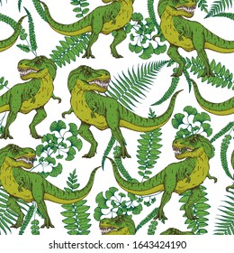 Tyrannosaur dinosaur hand drawn. Seamless pattern. Background design. Tropical pattern. Vector illustration. Carnivorous dinosaur.