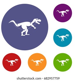 Tyrannosaur dinosaur icons set in flat circle red, blue and green color for web