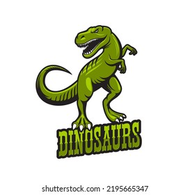 Tyrannosaur dinosaur mascot. Tyrannosaur reptile university or college sport team symbol, tyrannosaurus monster vector mascot character. Aggressive green raptor, jurassic reptile animal emblem