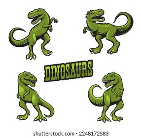 Tyrannosaur dinosaur mascots. T-rex monster, jurassic raptor sport team mascot character. Danger and ferocious tyrannosaur green reptile roaring in different poses, aggressive tyrannosaurus mascot