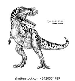 Tyrannosaur. Dinosaur sketch drawing. Black and white. Hand drawn vector art. line art