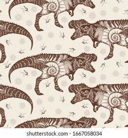 Tyrannosaur double exposure. Seamless pattern. Packing old paper, scrapbooking style. Vintage background. Medieval manuscript, engraving art. T-Rex dinosaur monster