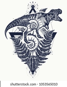 Tyrannosaur Double Exposure Tattoo Art. T-Rex Dinosaur Monster And Trilobites, Ammonite And Fern. Symbol Of Archeology, Paleontology 