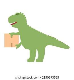 Tyrannosaur icon. Funny delivery concept. Cute dinosaurus delivering box to customer.