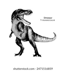 Tyrannosaur illustration. Dinosaur with sharp teeth. Pointillism vector illustration. Black and white. 