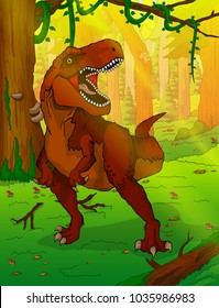 Tyrannosaur on the background of forest