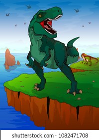 Tyrannosaur on the background of the sea. Vector illustration.