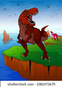 Tyrannosaur on the background of the sea. Vector illustration.