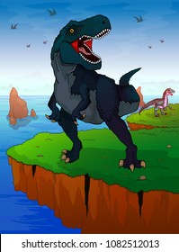 Tyrannosaur on the background of the sea. Vector illustration.
