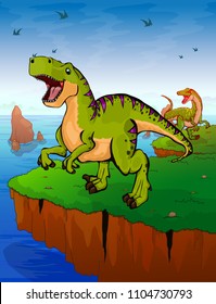 Tyrannosaur on the background of the sea. Vector illustration.