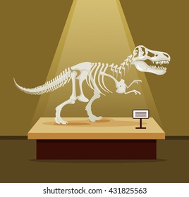 Tyrannosaur Rex Bones Skeleton In Museum Exhibition. Vector Flat Cartoon Illustration. Dinosaurs Museum