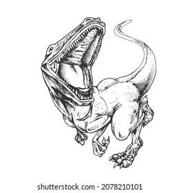 tyrannosaur rex with open mouth, black and white