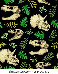 Tyrannosaur, velociraptor, triceratops skulls and palm leaves on black background. Seamless vector pattern.