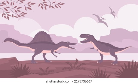 Tyrannosaur vs spinosaurus. Carnivorous lizards. Big pangolin rex. Ancient dinosaurs of the Jurassic period. Vector cartoon illustration. Prehistoric nature background. Wild landscape