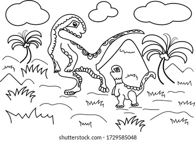 tyrannosaurs big and small, cute contour landscape with palm trees, for coloring book and education for children and adults vector illustration