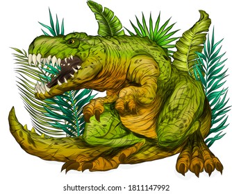 Tyrannosaurus ancient dinosaur with leaves vector illustration