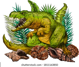 Tyrannosaurus ancient dinosaur with leaves vector illustration
