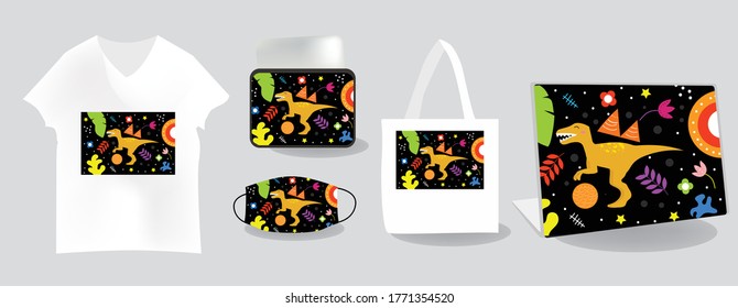 Tyrannosaurus background with Mockup templates vector illustration. tote bag, pouch, t-shirt, mask, skin laptop