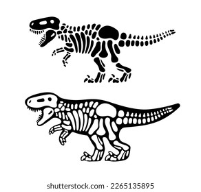Tyrannosaurus bones and skull. T-rex skeleton. Prehistoric animal silhouette. Paleontology and archeology. Prehistoric creature bones
