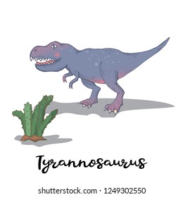 Tyrannosaurus with cactus plant isolated on a white background.Wild creature predator.Dinosaur period.Reptile animal 