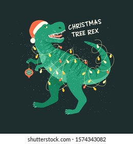 Tyrannosaurus Christmas Tree Rex Card. Dinosaur in Santa hat decorates Christmas tree garland lights. Vector illustration of funny character in cartoon flat style.