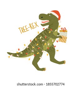 Tyrannosaurus Christmas Tree Rex Card. Dinosaur in Santa hat decorates Christmas tree garland lights. Vector illustration of funny character in cartoon flat style.