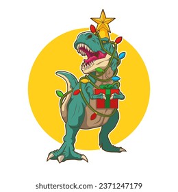 Tyrannosaurus Christmas Tree Rex Card. Dinosaur in Santa hat decorates Christmas tree garland lights. Vector illustration of funny character in cartoon